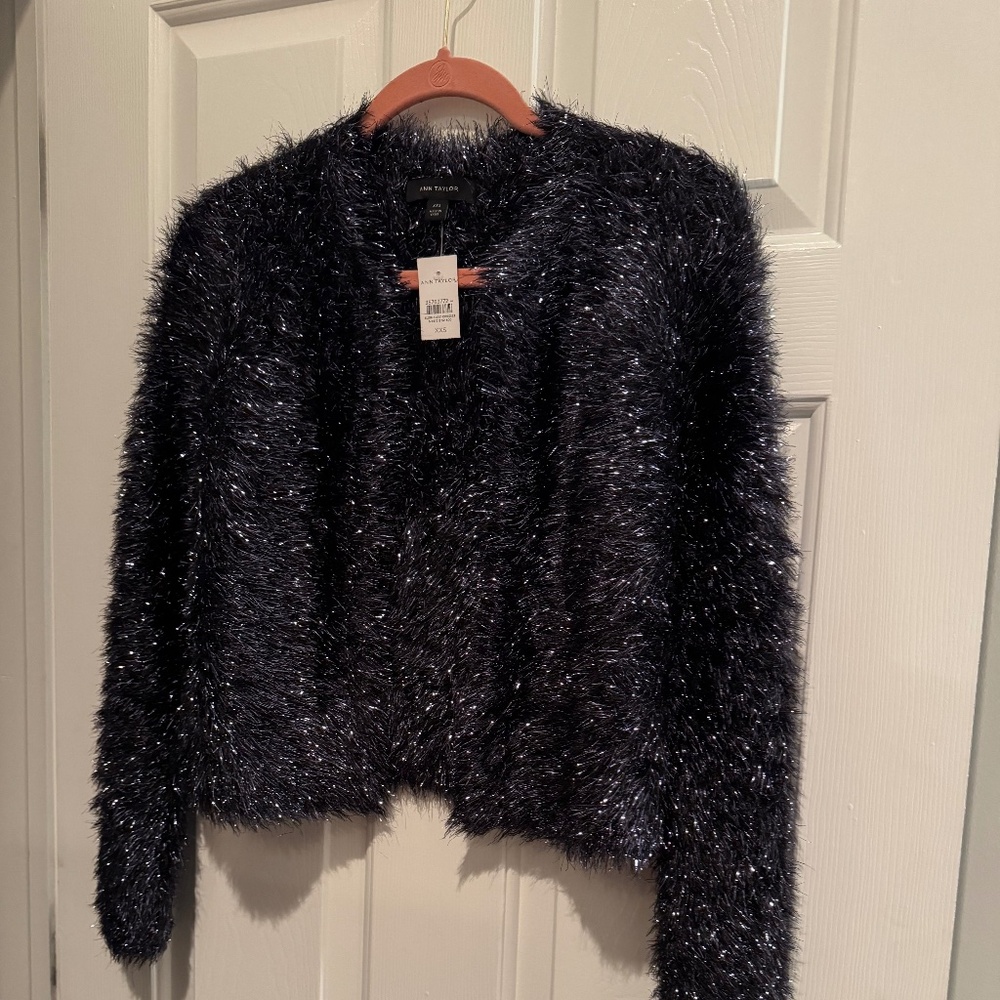 NWT Ann Taylor Tinsel Crop Crew Cardigan, Navy Blue, Size XXS